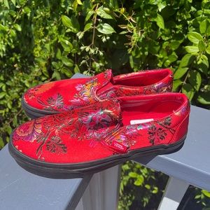 Red Festival Satin Slip On Vans